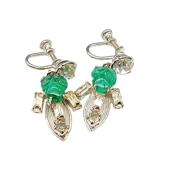 Vintage Emerald and CZ Earrings, Sterling Silver Filigree Screw Back Dangles - Picture 2 of 4